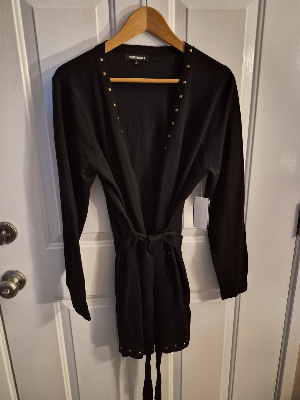 Steve Madden Black Stud-Trim Tie-Waist Cardigan